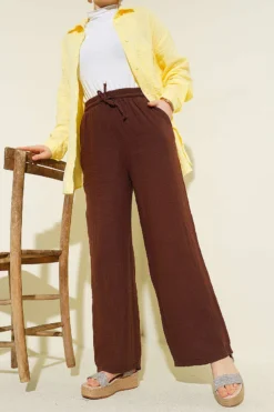 Elastic Waist Wide Leg Muslin Pants Brown