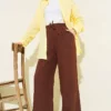 Elastic Waist Wide Leg Muslin Pants Brown Großhandel pants view 2 - Hicabistan Türkei Fabrik