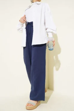 Elastic Waist Wide Leg Muslin Pants Navy Blue