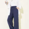 Elastic Waist Wide Leg Muslin Pants Navy Blue بالجملة pants view 2 - Hicabistan مصنع تركيا