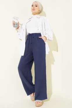 Alternative view of Elastic Waist Wide Leg Muslin Pants Navy Blue