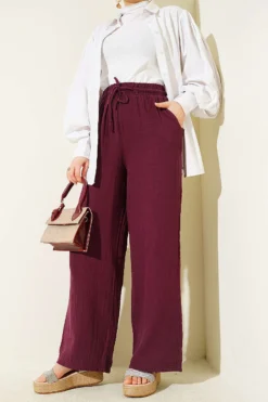 Elastic Waist Wide Leg Muslin Pants Plum