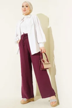 Alternative view of Elastic Waist Wide Leg Muslin Pants Plum