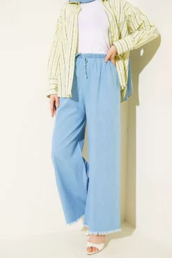 Elastic Waist Wide Leg Fringed Denim Pants Blue