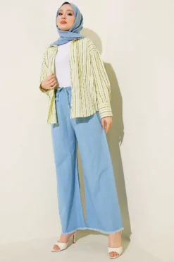 منظر بديل لـ Elastic Waist Wide Leg Fringed Denim Pants Blue