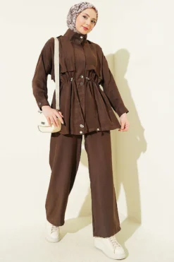 Elastic Waist Hidden Zipper Modal Set Brown