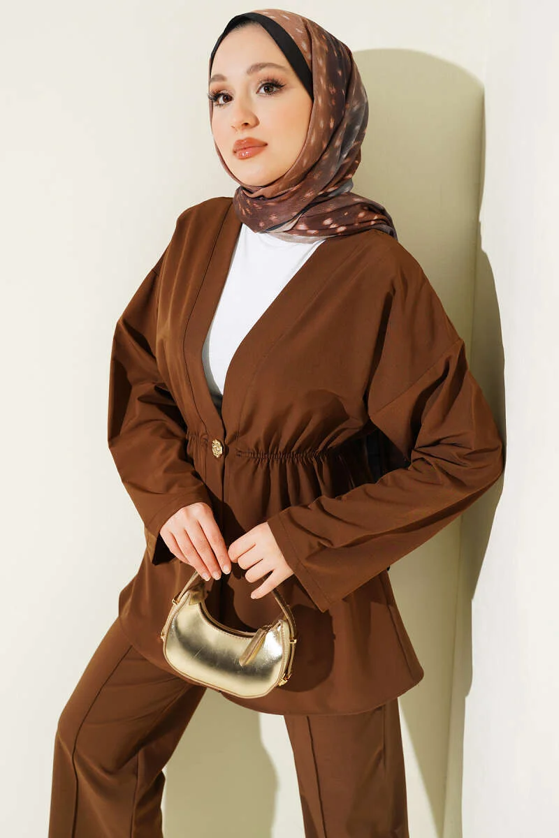 Elastic Waist Gold Button Two-Piece Set Brown - Image 2