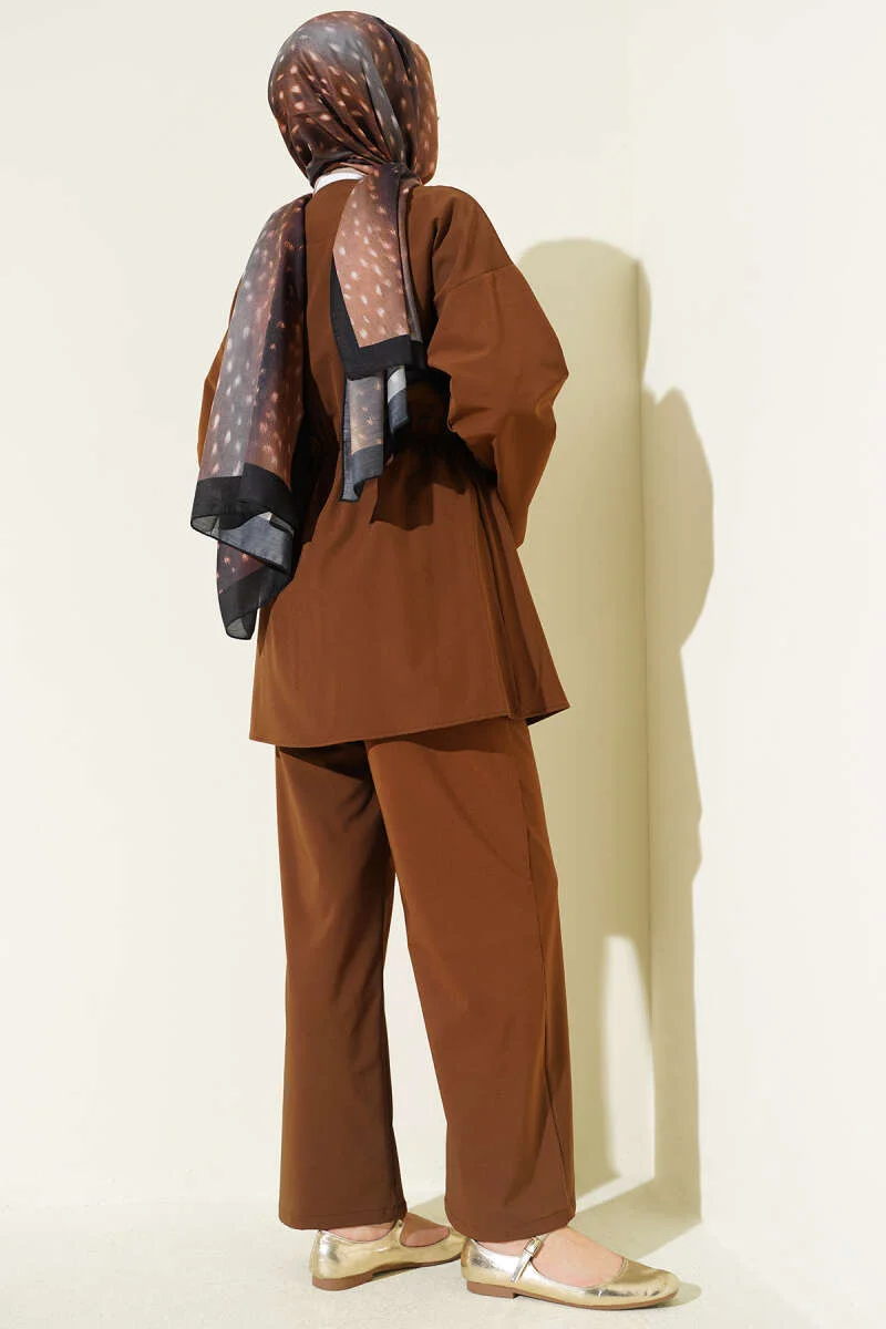 Elastic Waist Gold Button Two-Piece Set Brown - Image 3