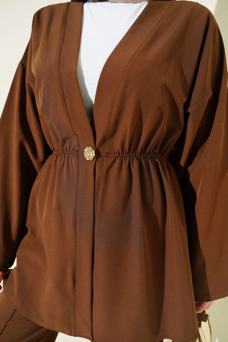 Elastic Waist Gold Button Two-Piece Set Brown - Image 4