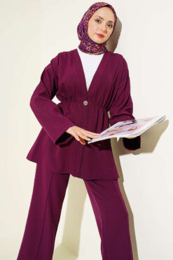 Elastic Waist Gold Button Two-Piece Set Plum wholesale clothing set view 2 - Hicabistan Turkey factory