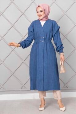 Long Elastic Waist Modest Coat Indigo