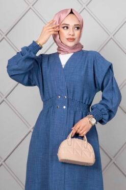Vue alternative de Long Elastic Waist Modest Coat Indigo