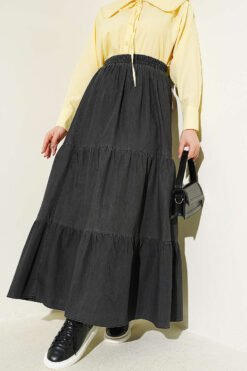 Elastic Waist Tiered Denim Skirt Anthracite groothandel skirt - Hicabistan Turkije fabriek