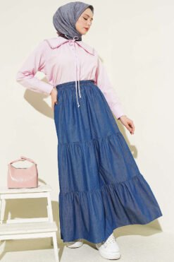 Elastic Waist Tiered Denim Skirt Navy Blue groothandel skirt view 2 - Hicabistan Turkije fabriek