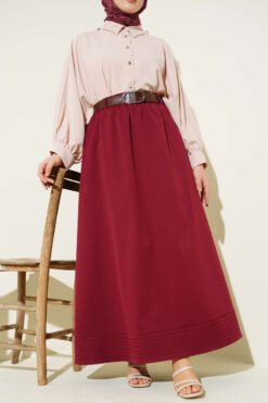 Elastic Waistband Belted Flared Skirt Burgundy