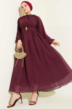 Elastic Waist Flared Dress Burgundy