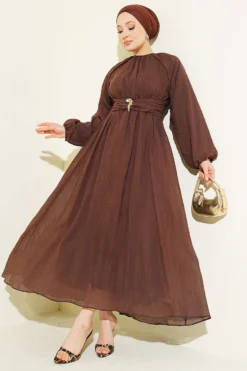 Elastic Waist Flared Dress Brown