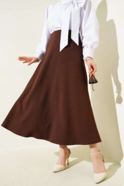 Elastic Waist Flared Basic Skirt Brown wholesale skirt - Hicabistan Turkey factory