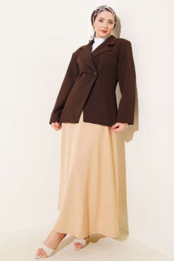 Elastic Waist Flared Midi Skirt Beige al por mayor skirt view 2 - Hicabistan fábrica Turquía