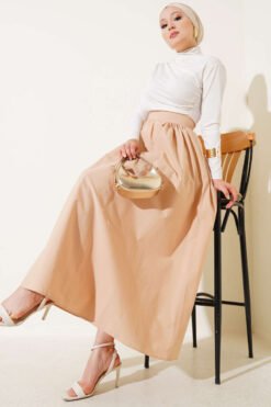 Elastic Waist Flared Skirt Camel بالجملة skirt view 2 - Hicabistan مصنع تركيا