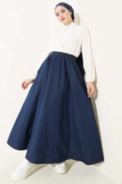 Zip-Up Denim Set with Double Pockets Navy Blue groothandel skirt view 2 - Hicabistan Turkije fabriek