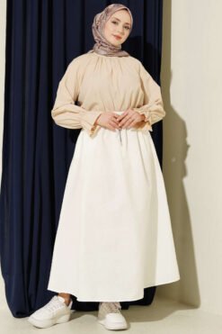 Elastic Waist Flared Parachute Skirt Ecru wholesale skirt view 2 - Hicabistan Turkey factory