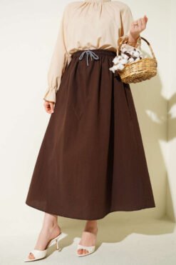 Elastic Waist Flared Parachute Skirt Brown groothandel skirt - Hicabistan Turkije fabriek