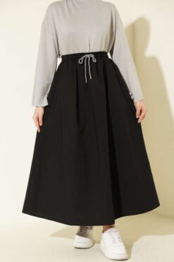 Elastic Waist Flared Parachute Skirt Black wholesale skirt - Hicabistan Turkey factory