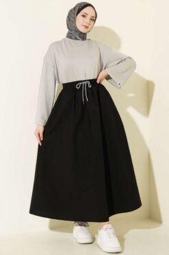 Elastic Waist Flared Parachute Skirt Black wholesale skirt view 2 - Hicabistan Turkey factory