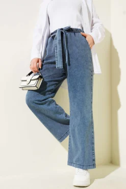 Elastic Waistband Belted Denim Pants Blue