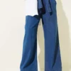 Elastic Waistband Belted Denim Pants Blue