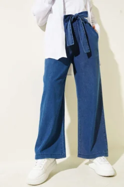 Elastic Waistband Belted Denim Pants Blue