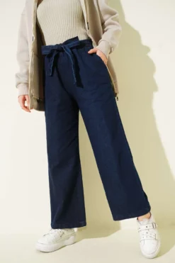 Elastic Waistband Belted Denim Pants Navy Blue