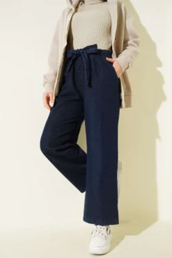 Alternative view of Elastic Waistband Belted Denim Pants Navy Blue