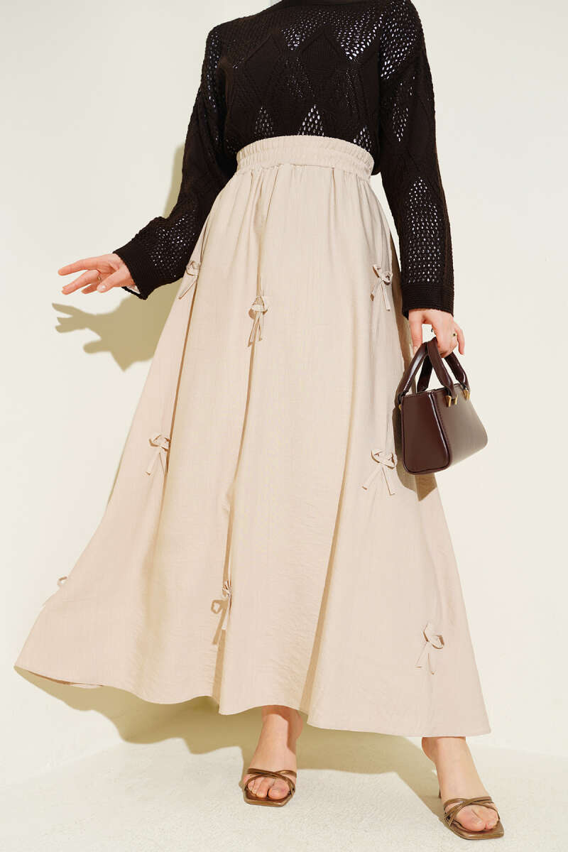 Elastic Waist Ribbon Detailed Skirt Beige بالجملة skirt - Hicabistan مصنع تركيا