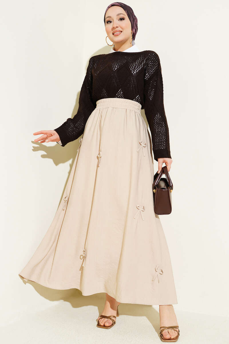 Elastic Waist Ribbon Detailed Skirt Beige بالجملة skirt view 2 - Hicabistan مصنع تركيا