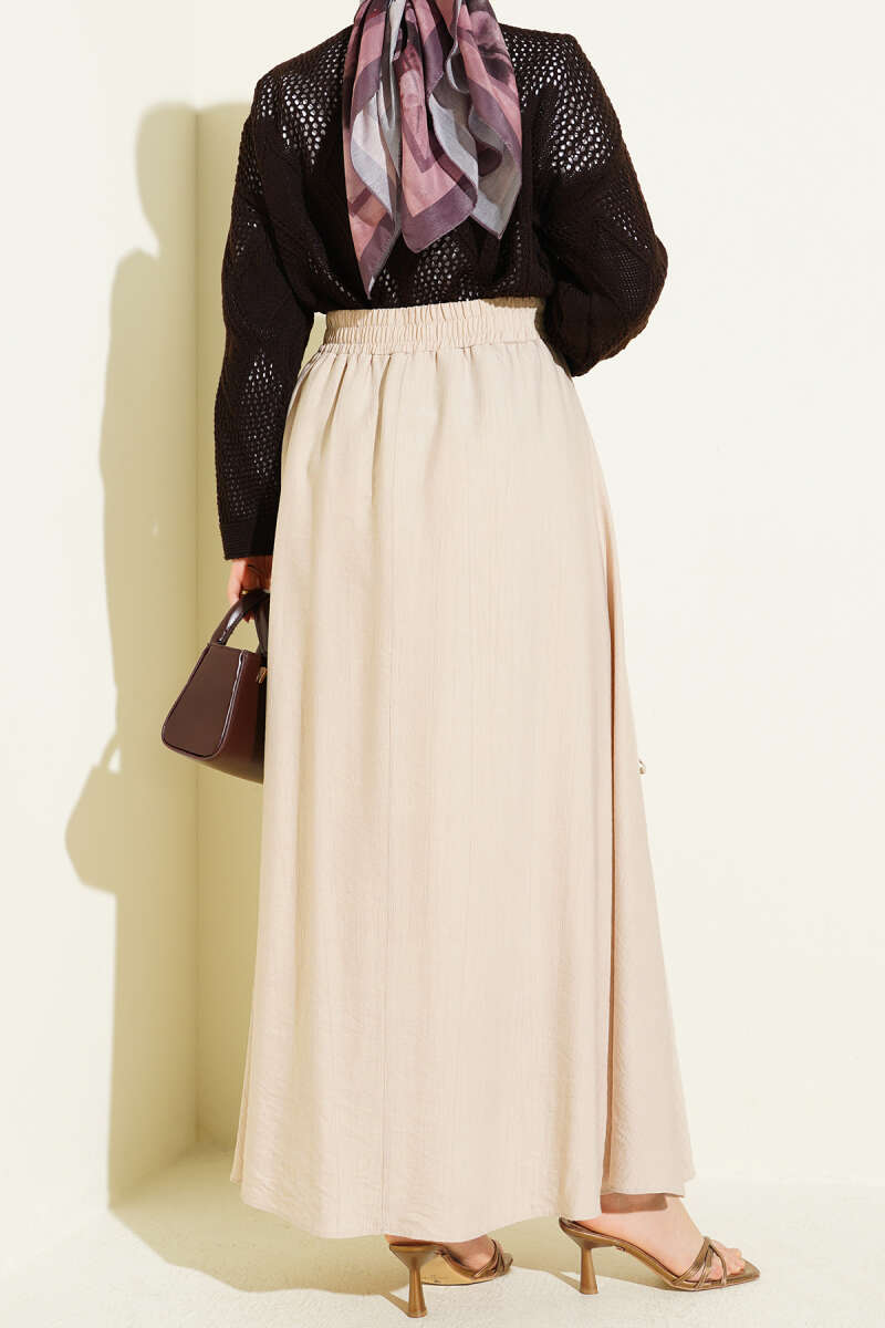 Elastic Waist Ribbon Detailed Skirt Beige بالجملة skirt view 3 - Hicabistan مصنع تركيا