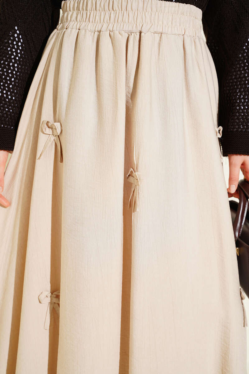 Elastic Waist Ribbon Detailed Skirt Beige بالجملة skirt view 4 - Hicabistan مصنع تركيا