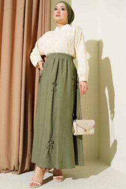 Alternatieve weergave van Elastic Waist Ribbon Detailed Skirt Khaki