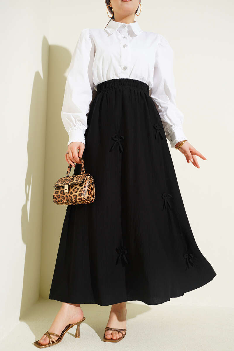 Elastic Waist Ribbon Detailed Skirt Black wholesale skirt - Hicabistan Turkey factory