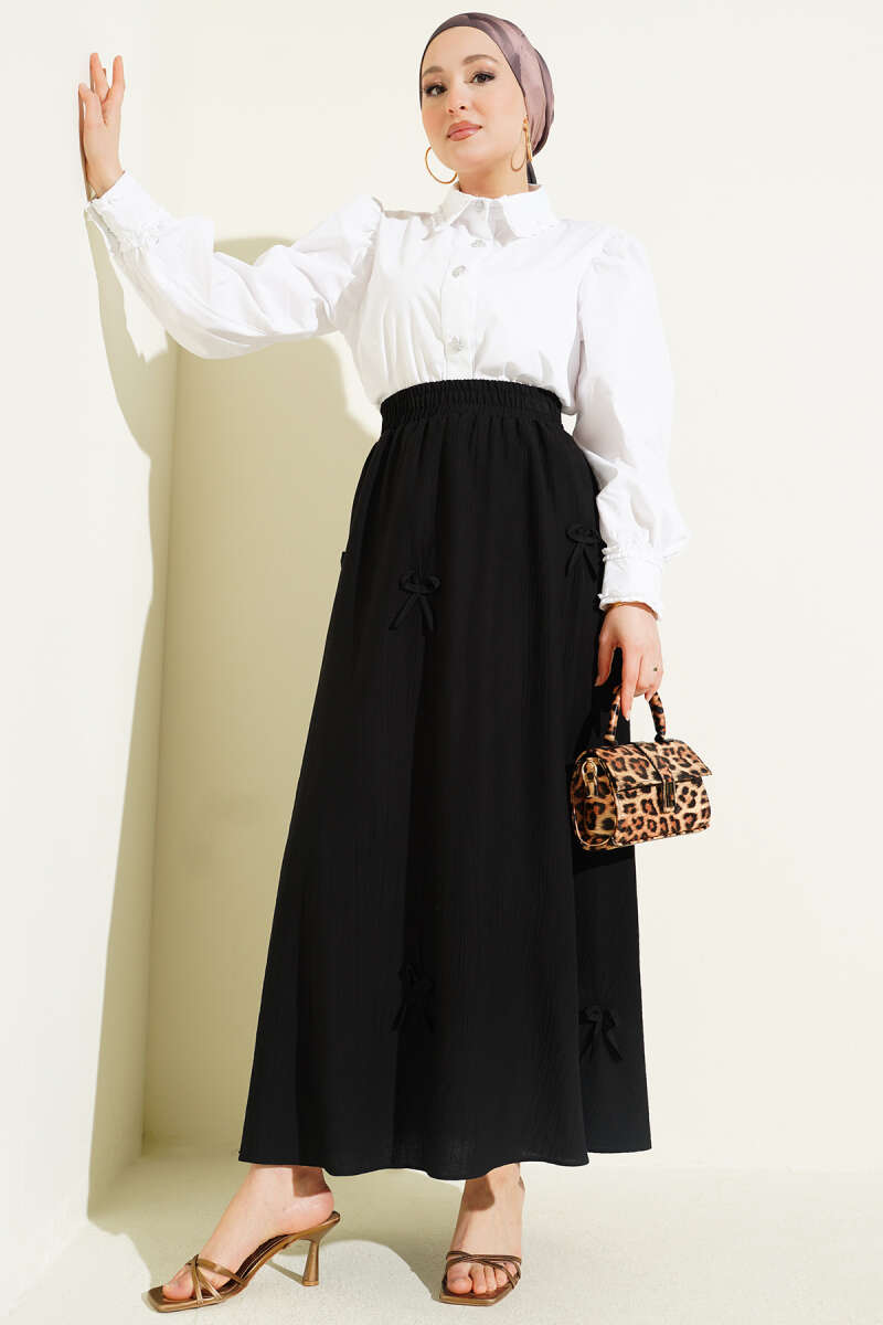 Elastic Waist Ribbon Detailed Skirt Black wholesale skirt view 2 - Hicabistan Turkey factory