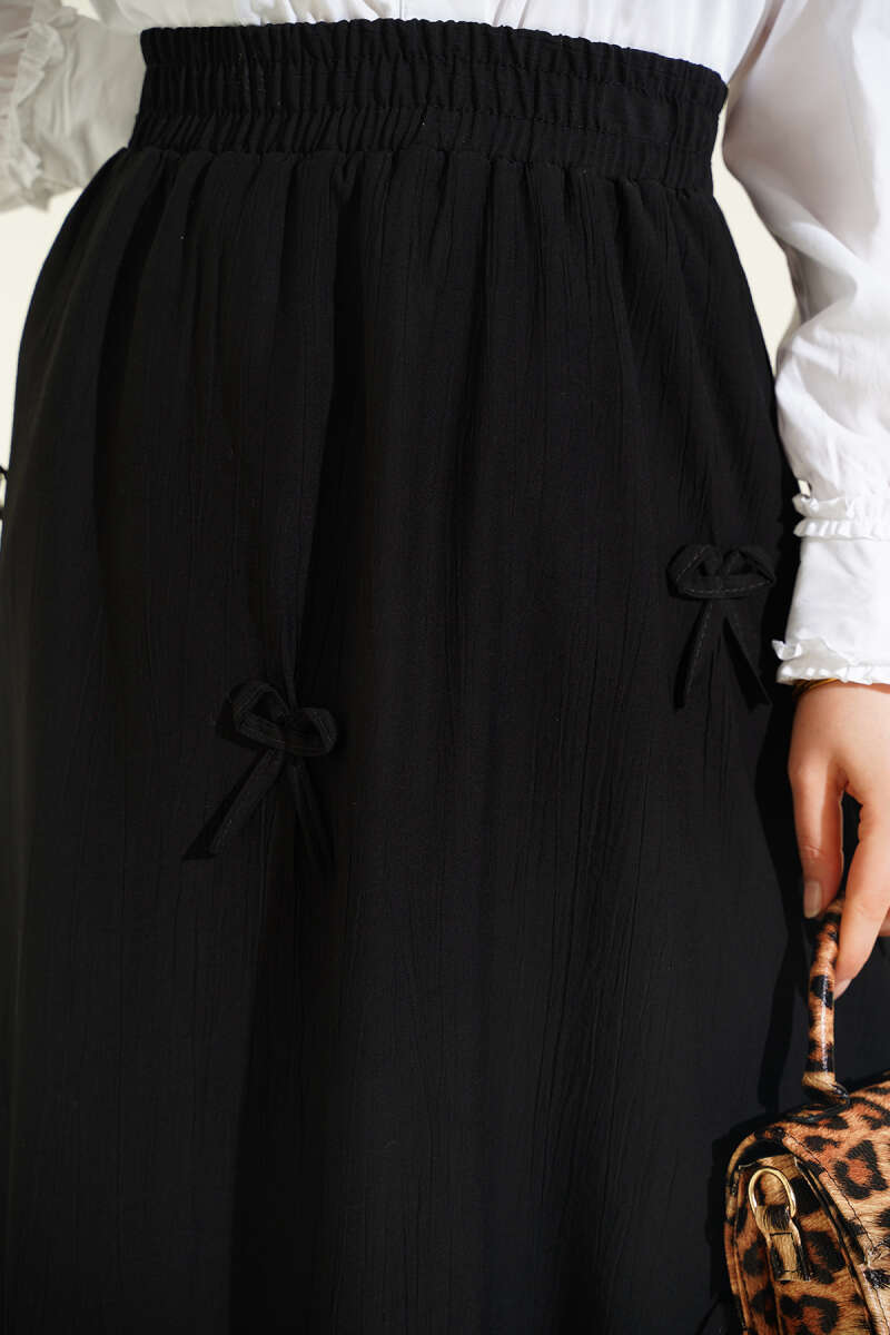 Elastic Waist Ribbon Detailed Skirt Black wholesale skirt view 4 - Hicabistan Turkey factory