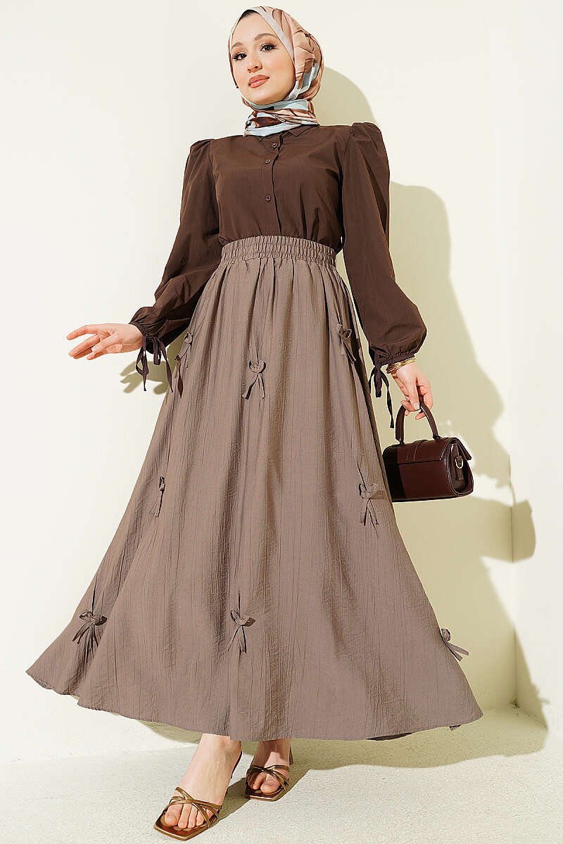 Elastic Waist Ribbon Detailed Skirt Mink groothandel skirt view 2 - Hicabistan Turkije fabriek