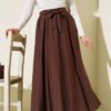 Elastic Waistband Belted Flared Skirt Brown all'ingrosso skirt - Hicabistan fabbrica Turchia