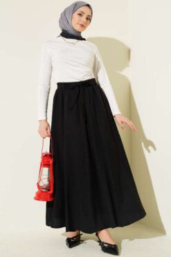 Elastic Waistband Belted Flared Skirt Black wholesale skirt view 2 - Hicabistan Turkey factory