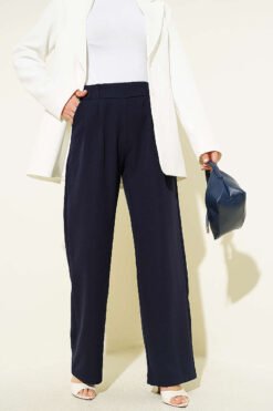 Elastic Waist Pleated Front Pants Navy Blue
