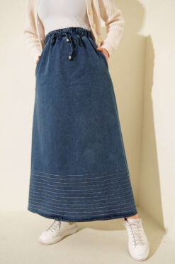 Elastic Waistband Stitch Detailed Denim Skirt Blue en gros skirt - Hicabistan usine Turquie