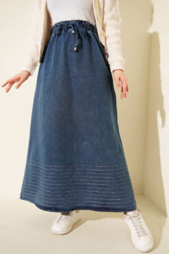 Elastic Waistband Stitch Detailed Denim Skirt Blue en gros skirt view 2 - Hicabistan usine Turquie