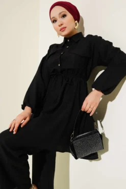 Alternative view of Elastic Waist Stone Button Two-Piece Set Black
