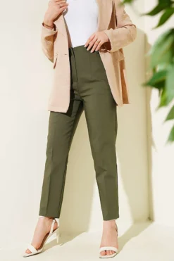 High-Waisted Slim Fit Fabric Trousers Khaki